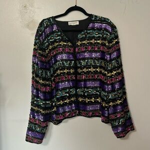 Vintage Sequin Jacket Tait Mate Women’s Black Purple Pink Blue Gold 100% Silk LG